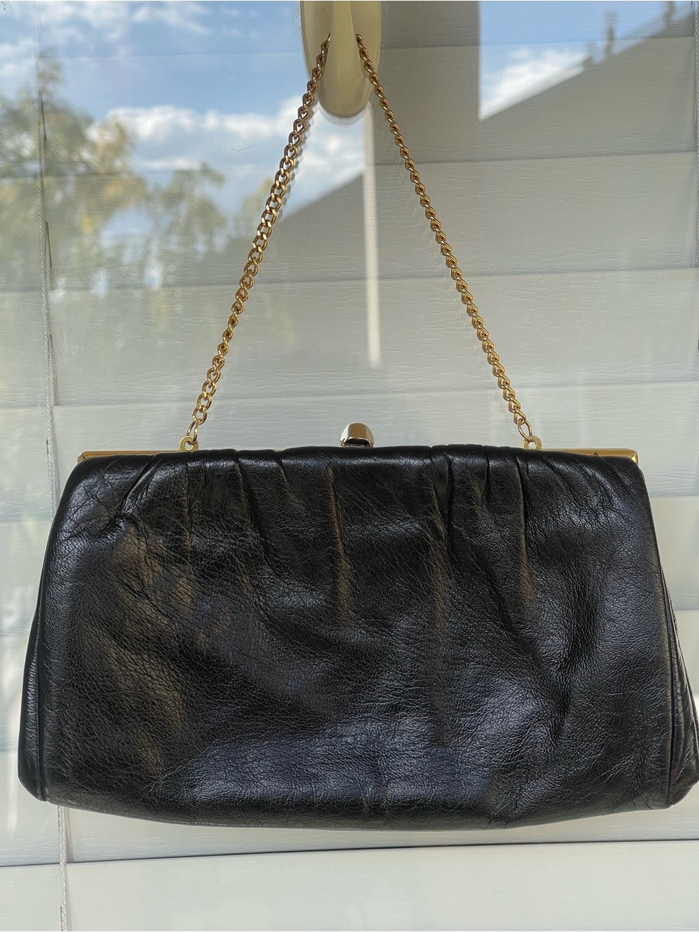Chic Black Leather Chain-Handle Evening Clutch
